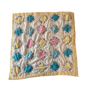 Vintage Handmade Patchwork Baby Quilt Yellow Pink Blue Squares Cotton